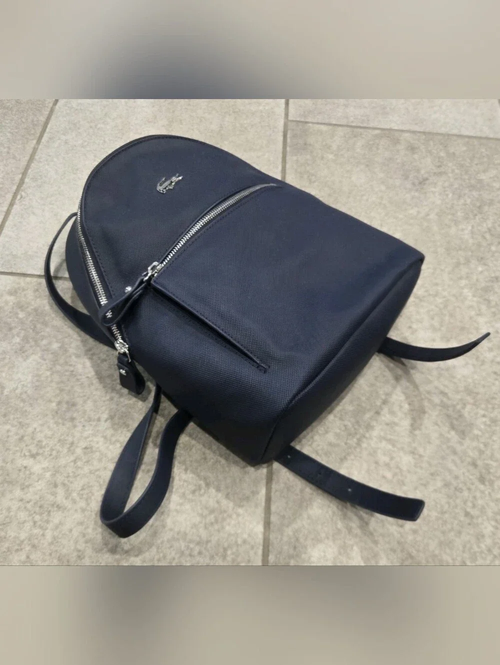 Lacoste Daily Classic Navy Blue Coated Pique Canvas Zipper Mini Backpack Bag